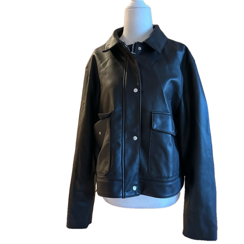 Zara Black Faux Leather Button-Front Jacket with Flap Pockets